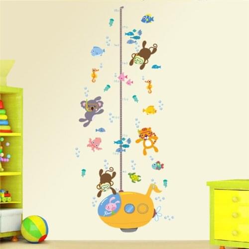 Cartoon Animals Underwater Diving Growth Chart Wall Stickers Kids Room Decor Nursery Safari Mural Art Children Height Home Decal