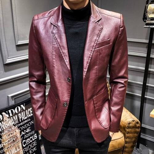 2021 autumn faux leather suit jacket mens solid color business casual lapel slim leather jacket thin classic motorcycle jacket