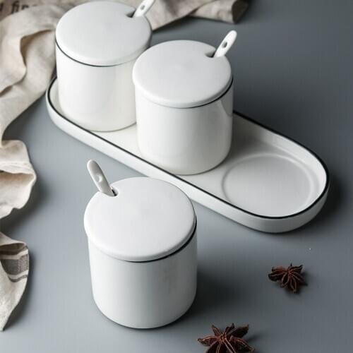 Set of 3 Ceramic Spice Jar Salt Pepper Storage Box Container with Tray Spoon Rack Kitchen Accessories Tools Gadget Organizer