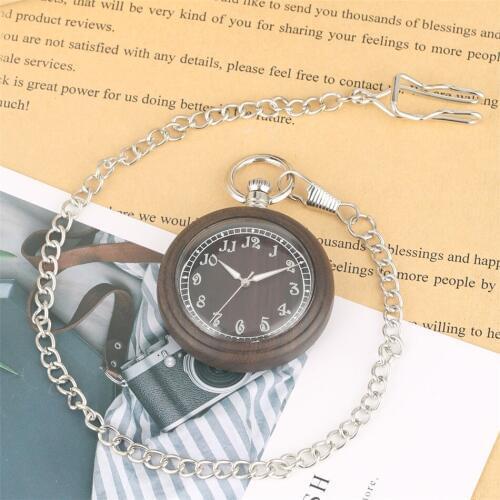 Creative Natural Wooden Quartz Pocket Watch Luminous Hands Arabic Numerals Dial Silver Pocket Chain Retro Fashion Pocket Clock