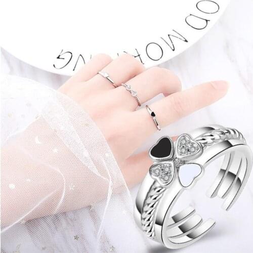 Charms Women Rings Silver Plated Finger Accessories Female Top Quality Crystal Clover Rings Set For Lady Bride Wedding Jewelry