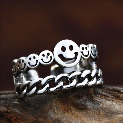 Simple Vintage Design Happy Smiling Face Open Rings for Women Punk Hip Hop Adjustable Ring Fashion Jewelry Best Gift