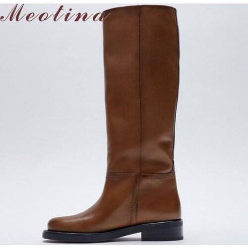 Meotina INS Women Genuine Leather Riding Boots Med Heel Round Toe Shoes Thick Heel Knee High Boots Lady Autumn Winter 42 Brown