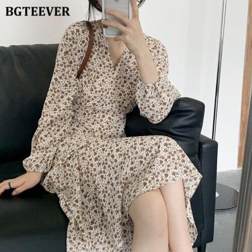 BGTEEVER Spring Summer V-neck Chiffon Midi Dress for Women Full Sleeve Lace-up Female Floral Print Dress Casual A-line Vestidos