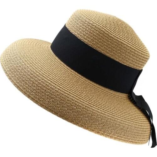 2021 Summer Straw Hepburn Style Big Eaves Female Outdoor Travel Beach Vacation Seaside Sun Hat Sun Hat Fashion Hat with Ribbon