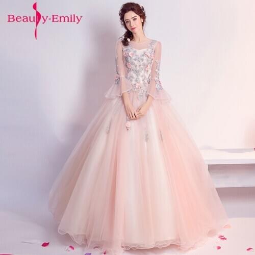 Beauty Emily 2020 O Neck Evening Dresses Lace Appliques Beads Floral Prom Gowns long Tulle Party Dress Elegant Vestido De Festa