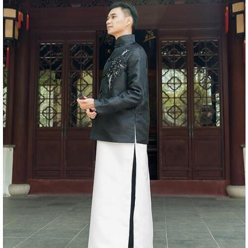 High quality Materials Black White Chinese Republican Men Ancient Long Robe China Master Gown TV Movie Stage Performing Clothing