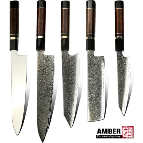 AMBER 67Layers VG10 Damascus Steel Chef Bread Nakiri Slicing Knife Set With Stablized Wood and Desert Iron Handle Muti-Purpose