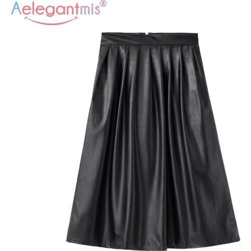 Aelegantmis Long Pleated Leather Skirt Women Black High Waist Skirts 2021 Autumn Female Vintage Sexy Pleated Skirt With Pocket