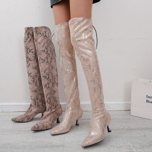 New Women Slim Stretch Big Size Over The Knee Boots Winter Shoes Ladies Sock Boots Fashion Stiletto Snake Print Lace High Boots