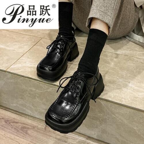 2020 Women Genuine Leather Thick High Heels Pumps Prom Shoes Woman Leather Corss-tied Rome Style Pumps Women Shoes