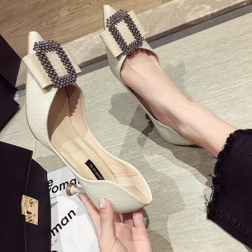 Womens Shoes High-heeled Shoes Slim-heeled pumps New Spring and Autumn 2009 Top Shallow Square Button Diamond Bright Wed