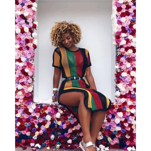 VAZN Top Special Sexy Cheongsam Retro type Women Lace Dress Rainbow Striped Perspective Short Sleeve Plus Size Midi Dress TS789