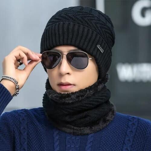 Winter Hats Scarf Set For Men Boy Letter Double Layer Beanies Cap Man winter Outdoor Thick Warm Breathable Wool Knit Hat Gorro
