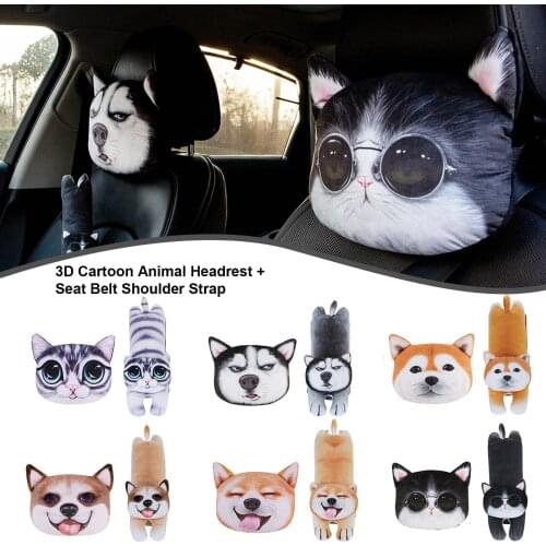1Set Car Headrest Cartoon 3D Cute Cat Dog Soft Car Seat Belt Cover Set Support Cushion Neck Shoulder Strap Pad