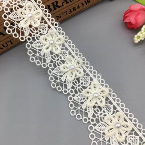 1 Yard Pearl Beaded Apricot Flower Embroidered Lace Trim Ribbon Fabric Sewing Craft DIY For Costume Wedding Dress Decoration