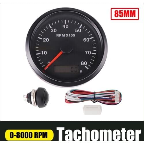 85mm Boat Tachometer 8000 RPM Engine Stainless Steel Plastic Bezel Hour Meter LCD Display With M16 M18 Sensor For Car Motorcycl