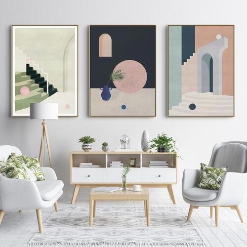 Abstract Geometric retro building canvas painting Wall art Picture for Living Room Nordic literary poster Decoration Picture