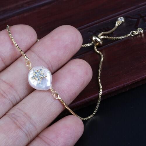 Lake blue mix white cz tiny star charm freshwater pearl bead charms gold link bracelet for women wedding birthday jewelry gift