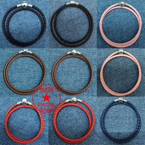 New fashion charm Fit Pandora womens S925 sterling silver leather bracelet gift black red blue pink