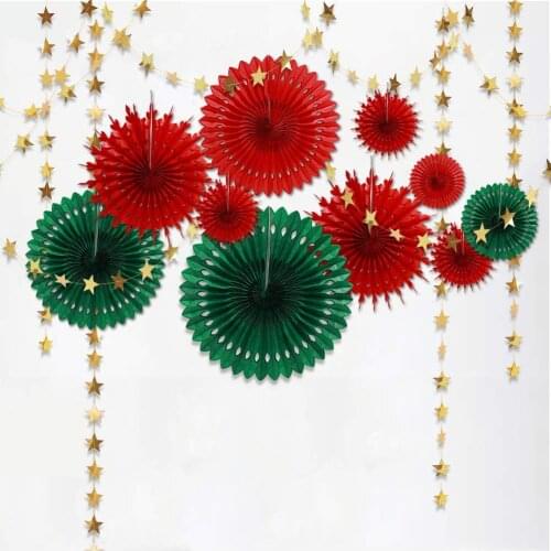 14Pcs Red Green Tissue Flower Garlands Christmas Eve Party Decoration Set Hanging Decor Paper Fan Mirror Gold Star Hanging Decor