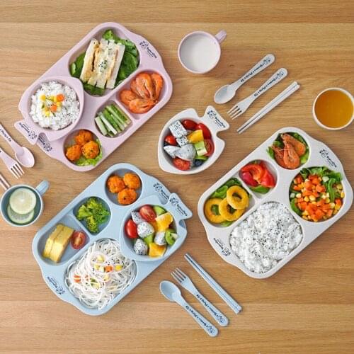 6PCS Baby Bowl Wheat Material Childrens Sectional Dinner Plate Wheat Straw Material Bowl Tableware Set Plastic Baby Bowl Set