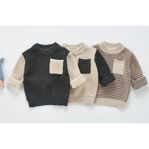 Kids Cotton Sweater Infant Boys Pullover Tops Baby Girls Long Sleeve Knitwear Clothes Colorblock Pocket Sweater Baby Boy Sweater