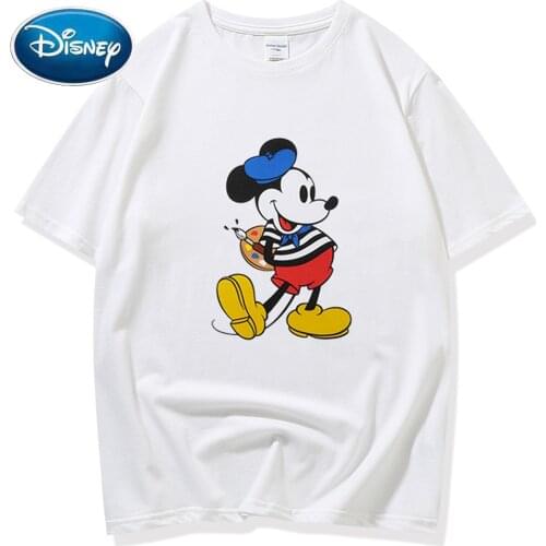 Disney T-Shirt Fashion Funny Mickey Mouse Cartoon Print O-Neck Tee Chic Couples Unisex Women Short Sleeve Casual Tops 7 Colors