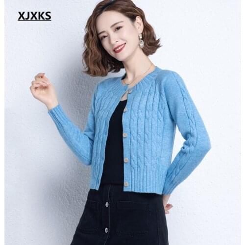 XJXKS Round Neck Long Sleeve Cardigan Women Short Sweater Fall 2021 New High-end Wool Knitted Sweater Women Jacket