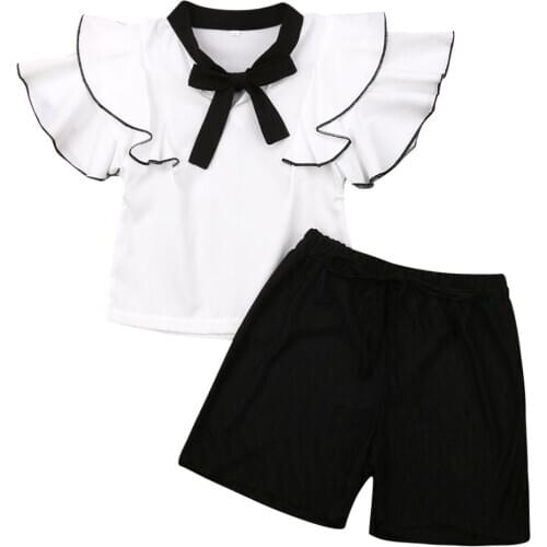 Summer Girls Clothes Sets Childrens Clothing Girl Ruffles Bow T Shirt Top+ Black Shorts Suits 2019 Kids Clothing 2pcs