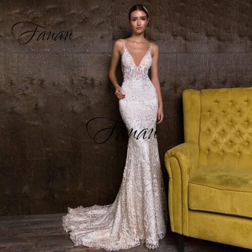 Sexy Luxury V-Neck Spaghetti Straps Wedding Dresses Backless Lace Appliques Mermaid Bridal Gown robe de soirée de mariage платье