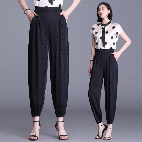 2021 Summer Thin Black Silk Jacquard Cropped Trousers Plus Size Womens High Waist Casual Loose Harem Pants Autumn Female e129
