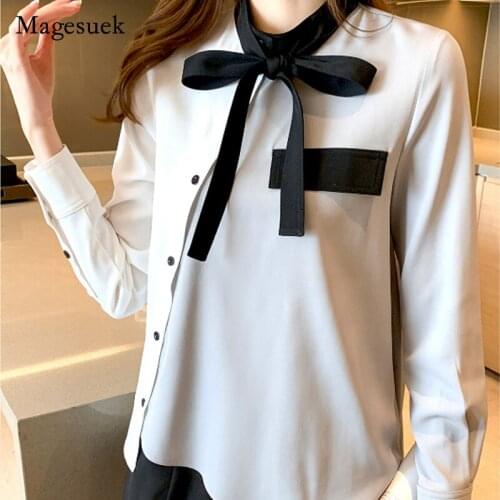 2021 Fashion Chiffon Blouse Casual Solid Long Sleeve Female Shirt Women Bow Tie Spring Button Ladies Clothing Tops Blusas 13160