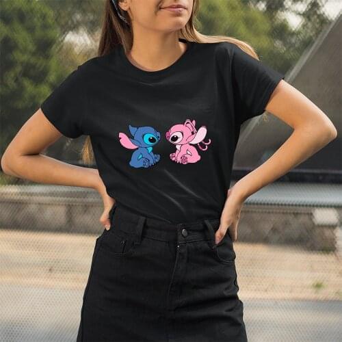 New T Shirt Women Kawaii Lilo & Stitch Cartoon Print Disney Fashion Dropship Outdoor Black White Tee Korean Style T-shirt Female