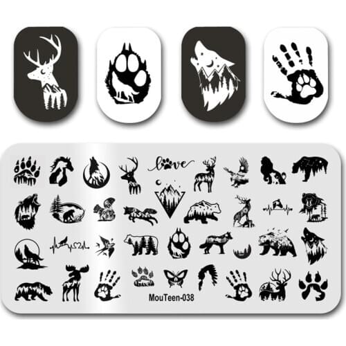 2021 Newest Nail Stamping MouTeen038 Animal Forest Silhouette Wolf Nail Stamping Plates Manicure Set For Nail Art Stamp