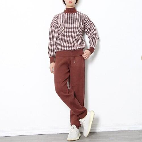 2021 New Houndstooth Knit Women Sweater Costume Thick Turtleneck Winter Oversized Casual Loose Pullover Sweaters 2 Pieces Sets