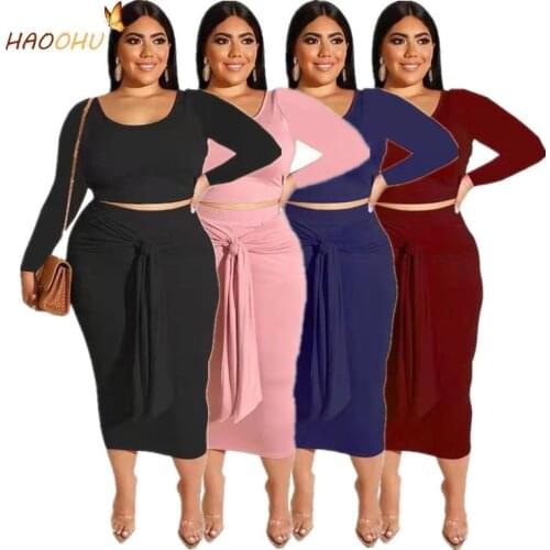 HAOOHU Soild Color Fashion Pencil Skirt Suit Long Sleeve Two-Piece Set Urban Casual Womens Clothing Plus Size Sets 2021 Autumn