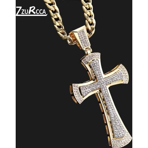 Fashion Male Cross Pendant Gold Color Crystal Jesus Cross Pendant Necklace Jewelry For Men Women Dropship