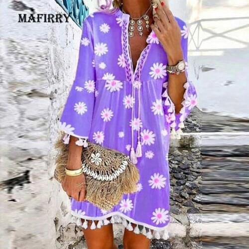 Women Vintage Fringed Printing V-Neck Dresses Summer Casual Ladies Long Sleeve Dresses Hollow Out Streetwear Beach Dress Vestido