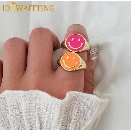 18K Gold Plated Rainbow Candy Neon Enamel Colorful Face Smiley Rings For Women Romantic Cute Smiling Open Size Finger Jewelry