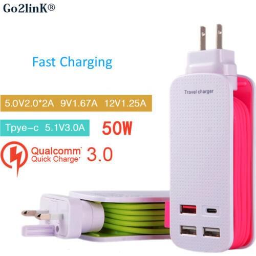 Fast Charge QC 3.0 USB Wall Charger 50W 4 Ports USB Hub Station Wall Fast Charger Power Adapter 1M Strip for Smart Phone Tablet