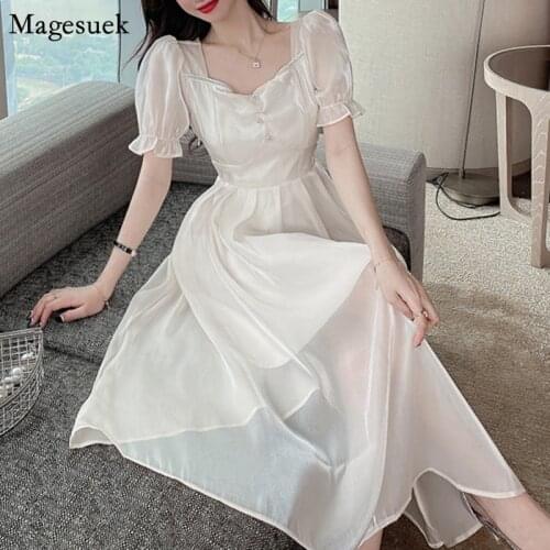 Vintage Summer Long Dress Women Flare Short Sleeve Elegant Party Dresses Female Square Collar High Waist Dress Robe Femme 14088
