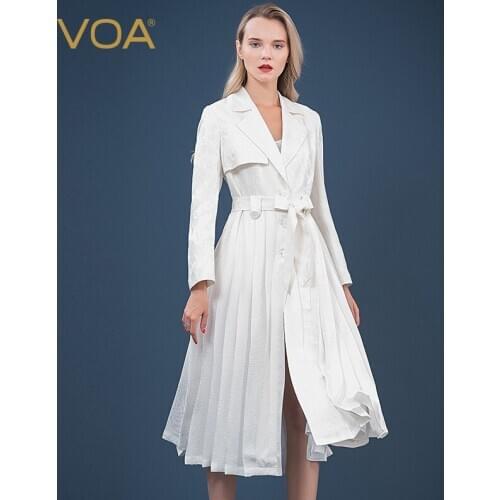 VOA White 38M/m Dark Heavy Business Suit Collar Jacquard Folds Splice Strap Waist Hugging Long-Sleeved Silk Trench Coat F569