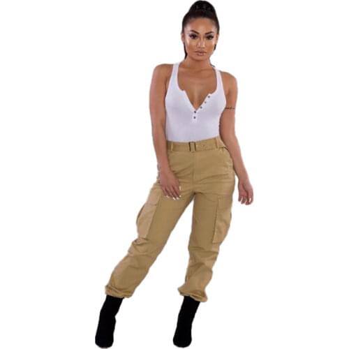 Spodnie Z Wysokim Stanem Hot Streetwear Khaki Cargo Pants Women Side Leg Big Pocket Without Sashes Black Casual Pants Large Size