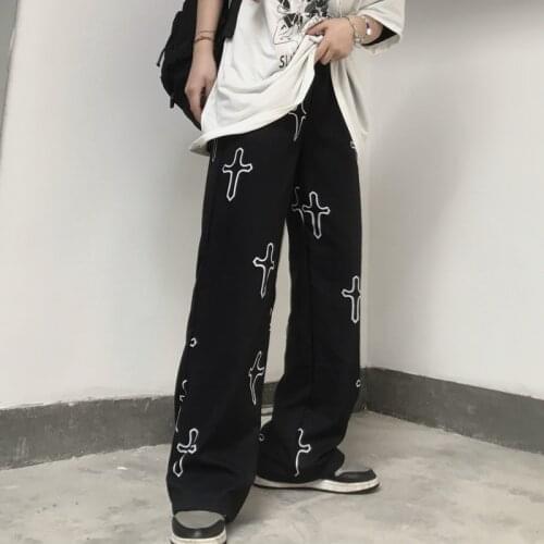 Women Elastic Waist White Cross Print Goth Wide Leg Pant Black Gothic Lady Cool Street Long Pants Korean Fashion Cloth Trousers