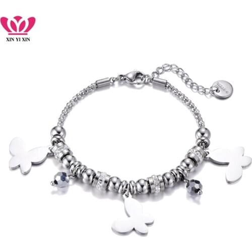 Multi Silver Color Butterfly Charms Bracelet Women Stainless Steel Beads Popcorn Chain Butterfly Jewelry Gifts 2020 New Fashion