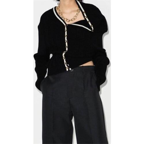 2020 Autumn Winter New Sexy Off-shoulder Black Irregular Knitted Cardigan Women Golden Buttons Fashion Sweater