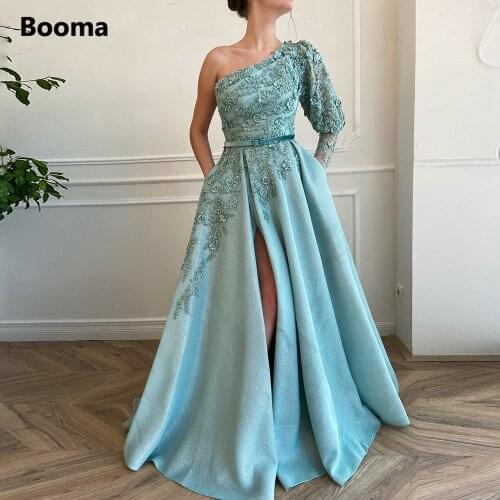 Booma Green One Shoulder Evening Dresses Bishop Sleeve Lace Appliques High Slit A-Line Prom Gowns Long Formal Party Dresses