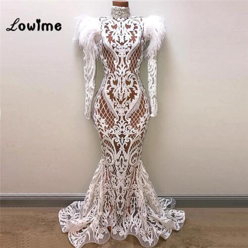 Vintage Mermaid Formal Evening Gown Feather Women Evening Dresses Robe De Soiree 2019 Elegant Party Dress Arabic Dubai Kaftan