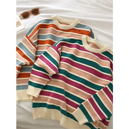 Winter new color matching stripes loose wild round neck long-sleeved knitted sweater